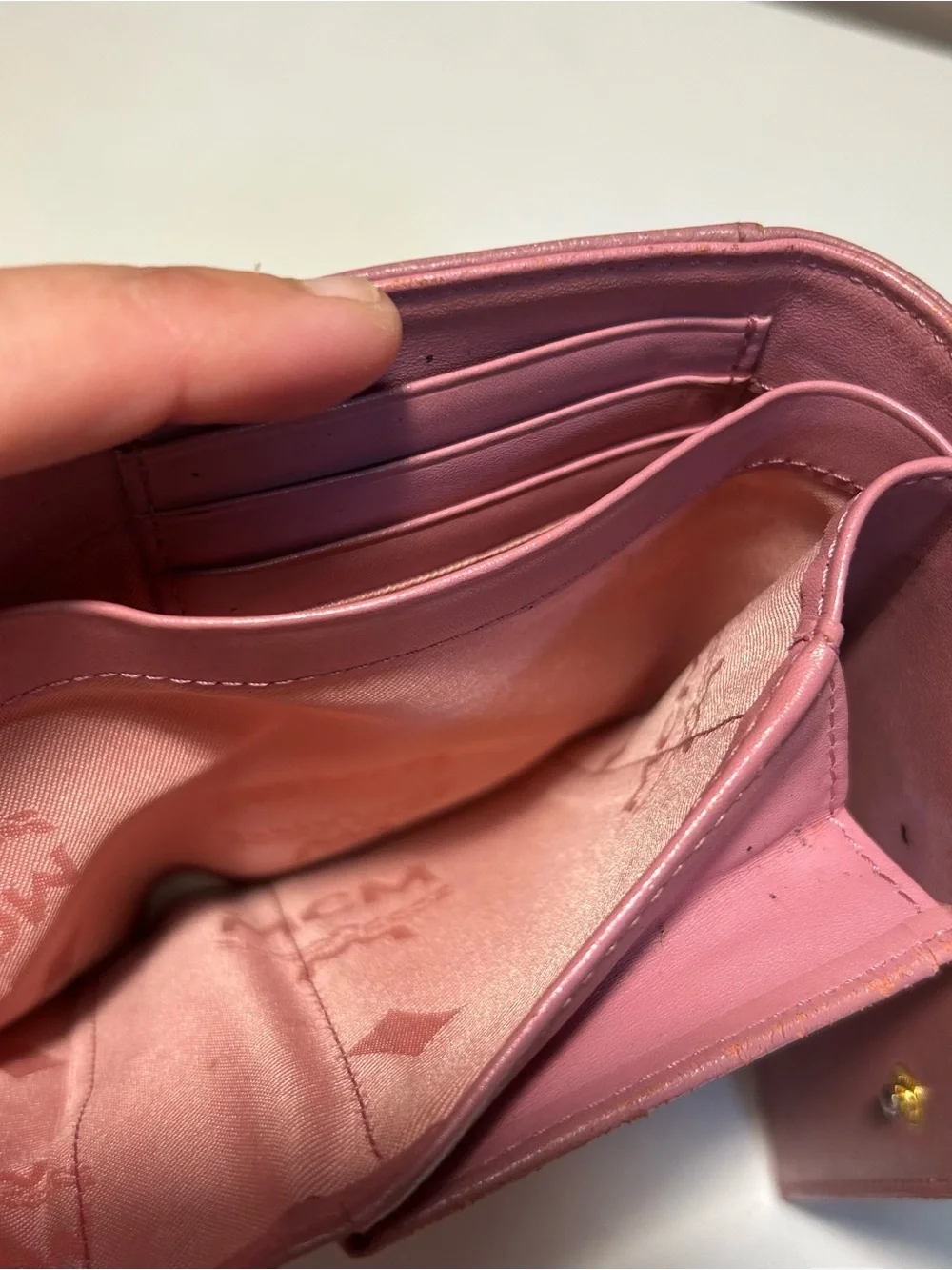MCM Blush Pink Mauve Leather Wallet Gold Plaque READ